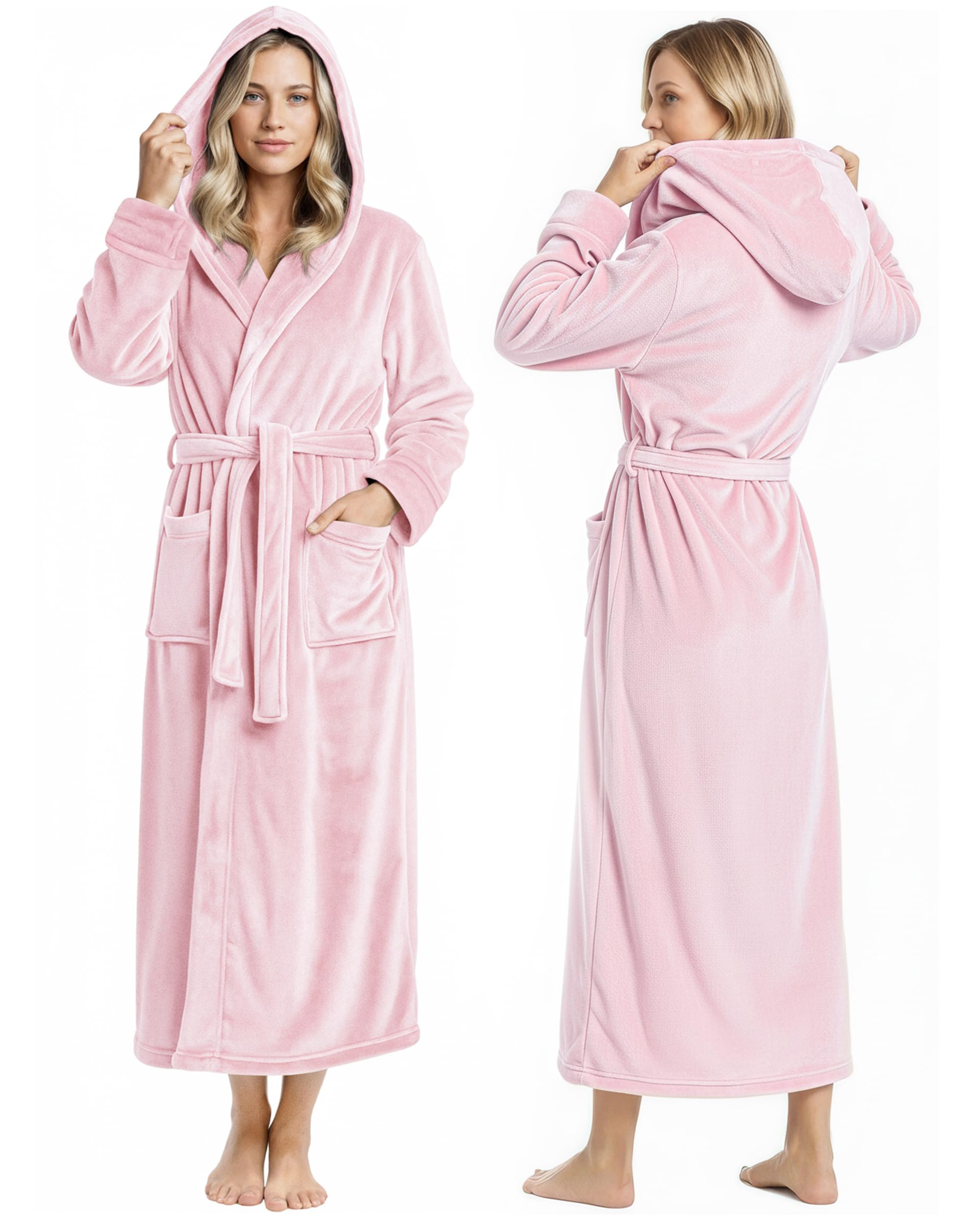 NY Threads Premium Womens Robe with Hood, Plush Fleece Long Bath Robe for Women, Fluffy Soft Women's Bathrobe, Medium, Light Pink Image
