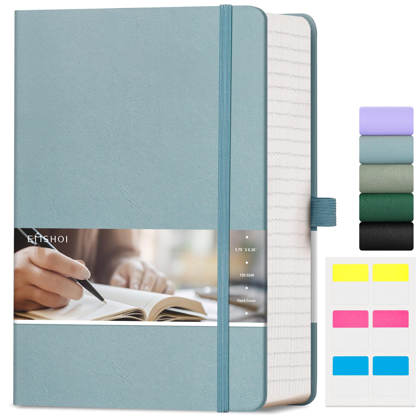 EMSHOI 400 Pages Notebook A5 - Lined Journal 100gsm Thick Notepad, Hardcover Vegan Leather Ruled Note Book Daily for Women Men Work School Office Writing, Sticky Notes, 14.5 x 21cm, GrayBlue