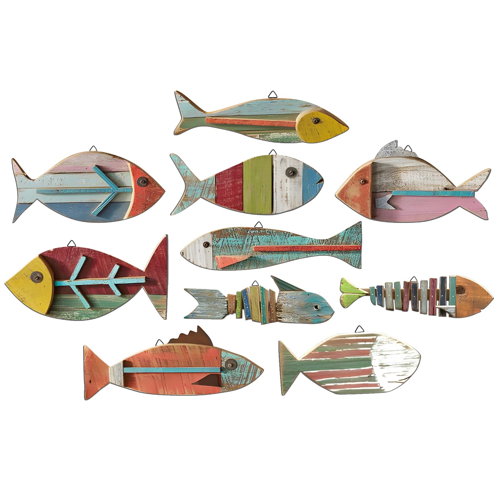 Photo 1 of Yuntau 10 Pcs Wooden Fish Wall Decor Wood School of Fish Coastal Wall Decor Beach Wall Art for Home Nautical Theme Bathroom Hanging Decorations Gifts, Flat Printing Not 3D Pattern
