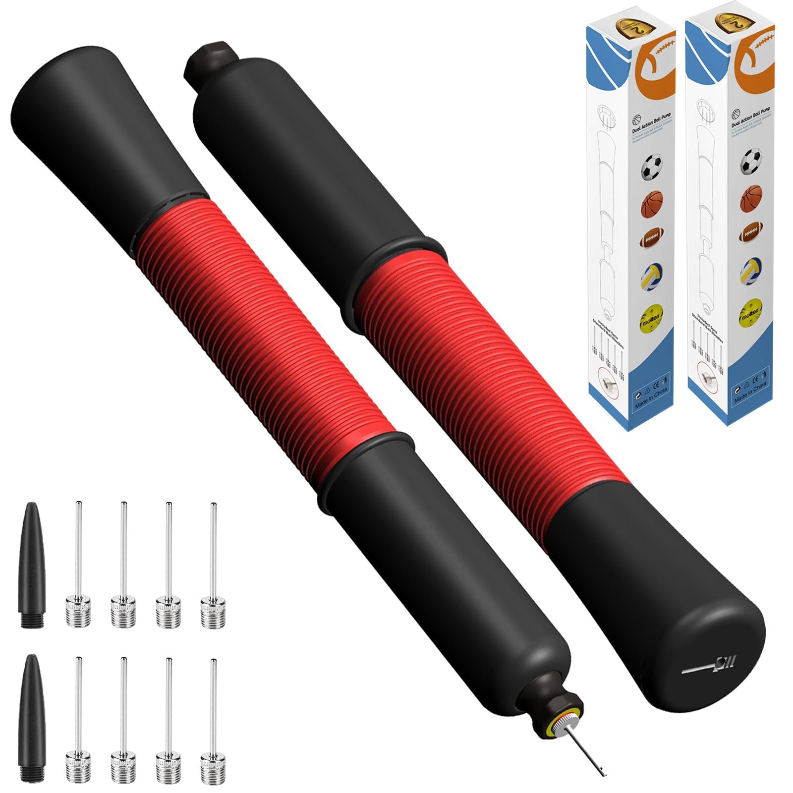 Ball Pump with Needle Storage(Never Lose Pin) Football Pump with 5 Needles and Extendable Cable, Soccer Football, Volleyball Rugby Ball Inflator - Great for All Balls - 2 Pack