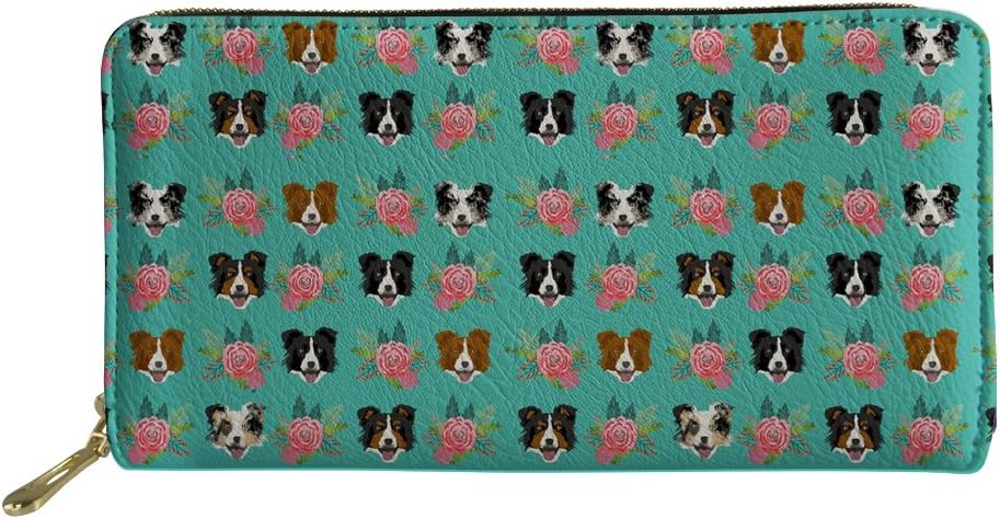 Coloranimal Kawaii Animal Border Collie Floral Pattern Long Wallet for Women Ladies PU Learther Business Credit Card Holder Clutch Bag
