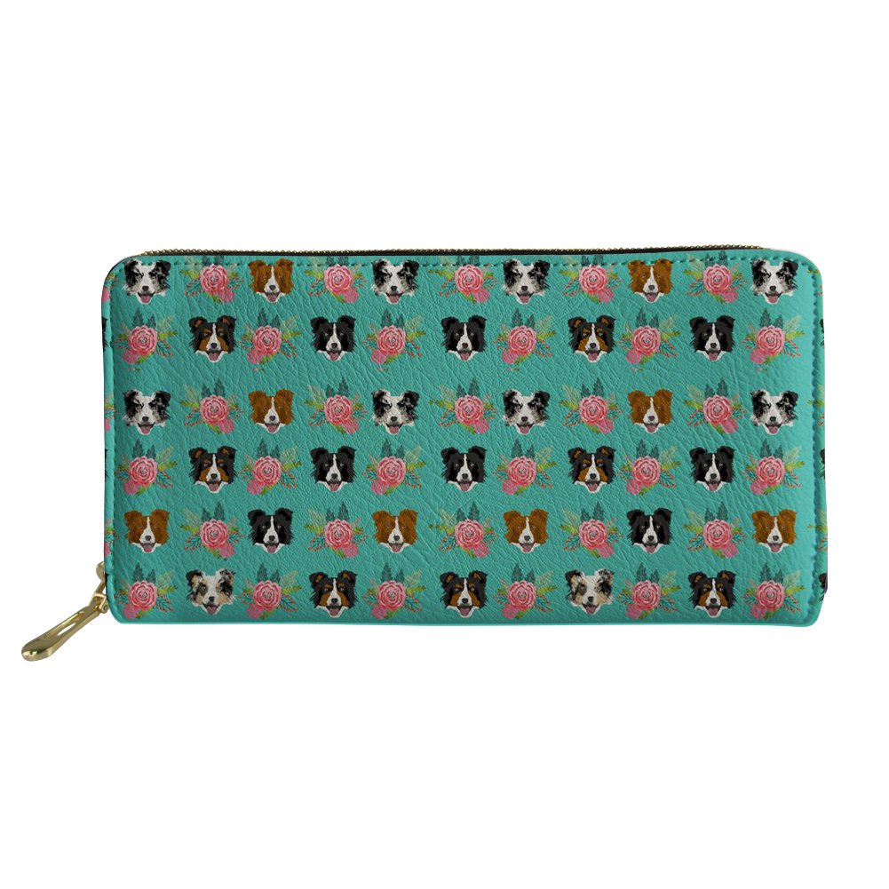 Coloranimal Kawaii Animal Border Collie Floral Pattern Long Wallet for Women Ladies PU Learther Business Credit Card Holder Clutch Bag