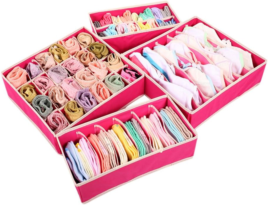 Boodtag Set of 4 Foldable Drawer Organiser Divider Storage Boxes Collapsible Closet Organizers for Underwear Bras Socks Lingerie Handkerchiefs Panties (Rose red)