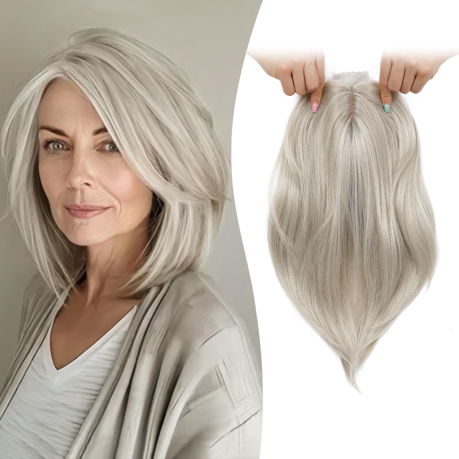 Photo 1 of Ms Taj 12 Inch Hair Topper for Women with Thinning Hair, 6.5"x6.5" Large Base Synthetic Topper with Bangs, Fiber Wiglets Ladies Hair Pieces for Daily Wear, Work, Party-Silver Blonde