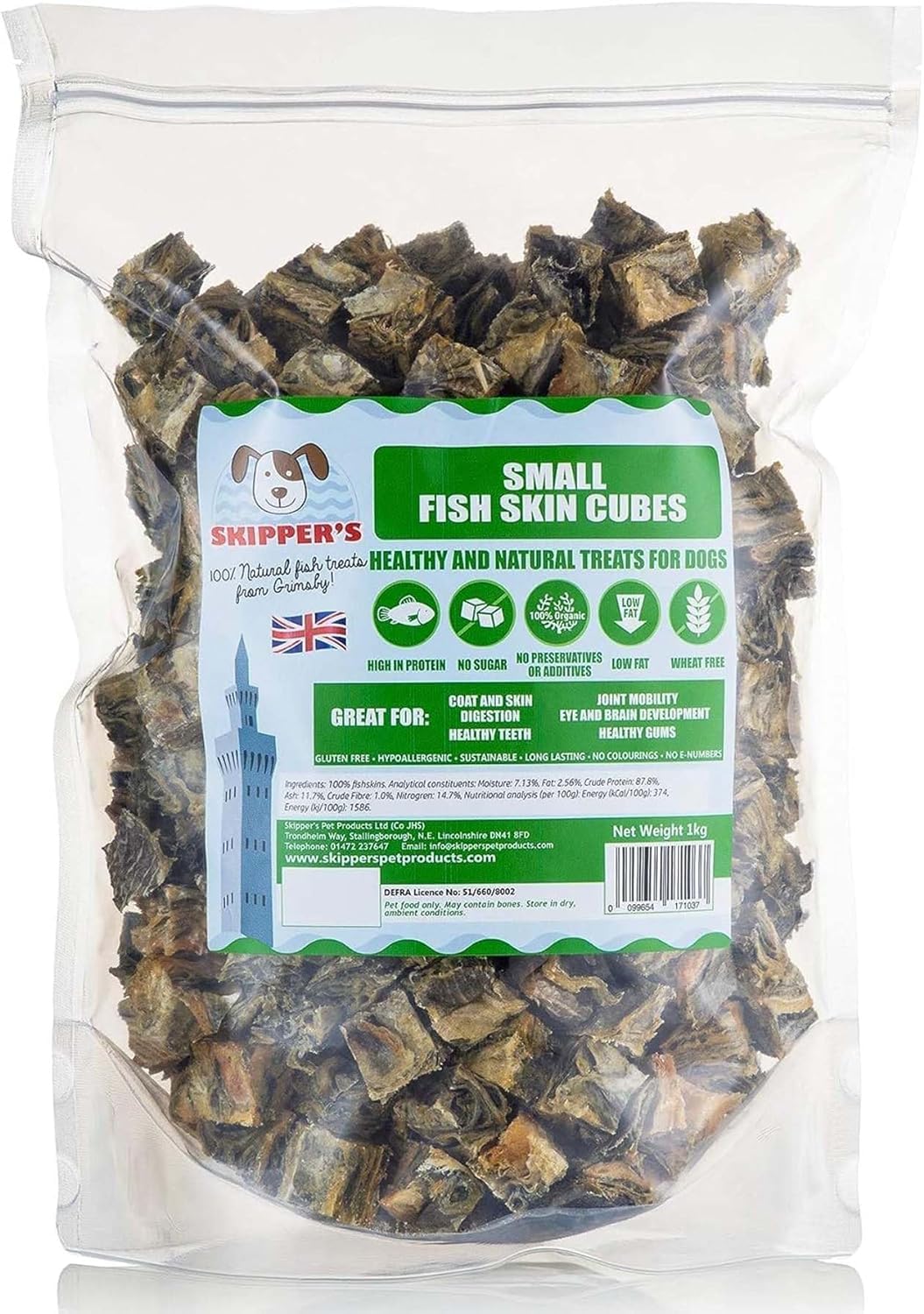 SKIPPER'S Dried Fish For Dogs - Whitefish Skin Jerky Cubes Dog Treats 100% Natural, Healthy, Grain Free & Low Fat - BULK VALUE (Cube Size Small, 1kg Pack)