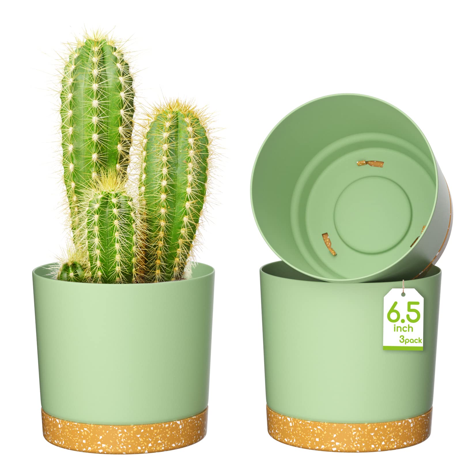 ZMTECH 16.5cm Plant Pots, Modern Planters with Drainage Holes and Detachable Saucer, Plastic Flower Pots for Plants for House Garden Windowsill (Set of 3, Green)