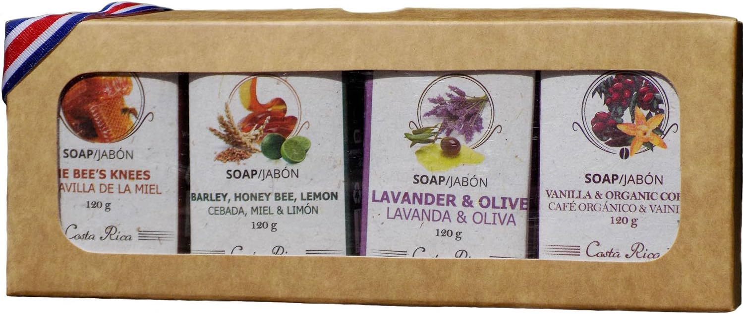 Monteverde Natural Cosmetics 4 soap kit: Vanilla & Organic Coffee, Lavander & Olive, Barley, Honey Bee & Lemon; Wonder of Honey Bee. (16.4 Ounces)