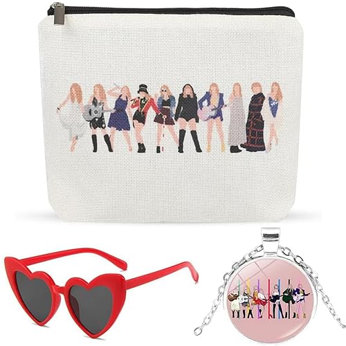 Personalised Makeup Bag, 3 PCS TS Cosmetic Bag Including Makeup Bag Love Heart Sunglasses and Fashion Necklace, Fan Girls Make Up Bag Music Album Name Makeup Bag, Small Makeup for Music Lover