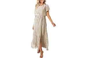 ECOWISH Summer Maxi Dress Women Cocktail Formal Wedding Guest Long Short Sleeve Pleated Dresses Empire Waist Crew Neck Slit