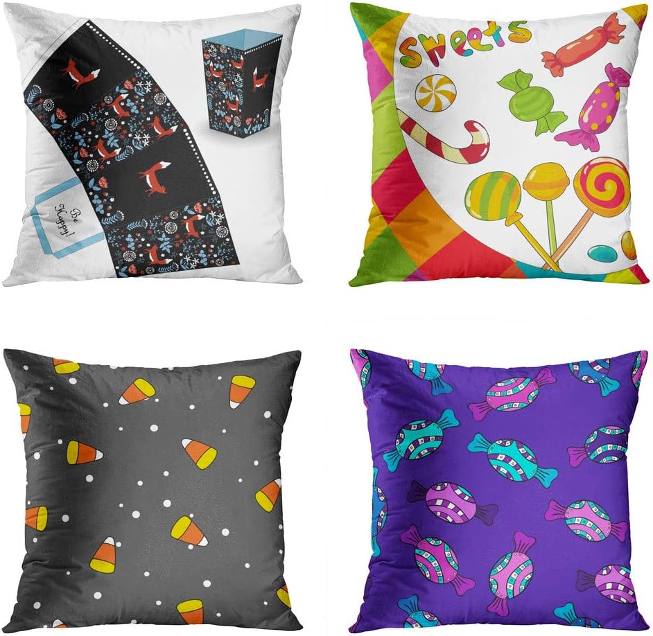 Moladika Set of 4 Throw Pillow Covers 16x16 Inch Square Cute Elegant Popcorn Box Doodle Forest Sweets Colorful Candy Corn Watercolor Cushion Home Decor Sofa Bedroom Pillowcase