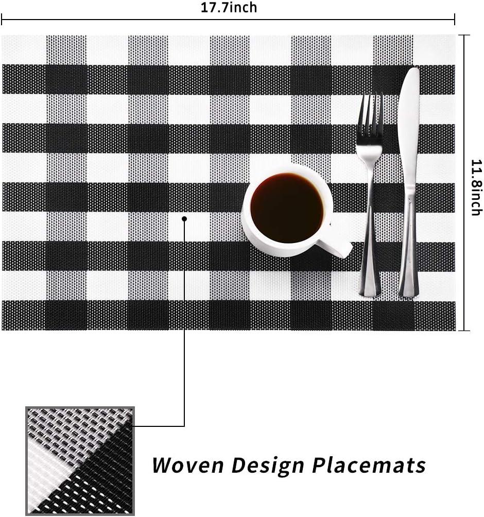 Syntus Placemats, Black and White PVC Woven Vinyl Buffalo Check Table Mats Washable Non-Slip Heat Resistant for Kitchen Dinning Table Thanksgiving & Christmas, Set of 4: Home & Kitchen