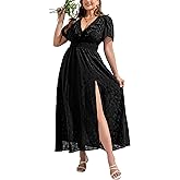 Plus Size Floral Short Sleeve Maxi Dress - V Neck Chiffon Elastic Waist Dress with Slit, Flowy Boho Dresses (M-3XL)