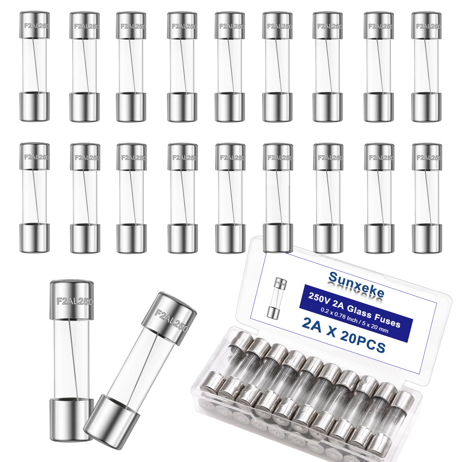 Sunxeke 20PCS F2AL250V 5 x 20mm Fast Blow Glass