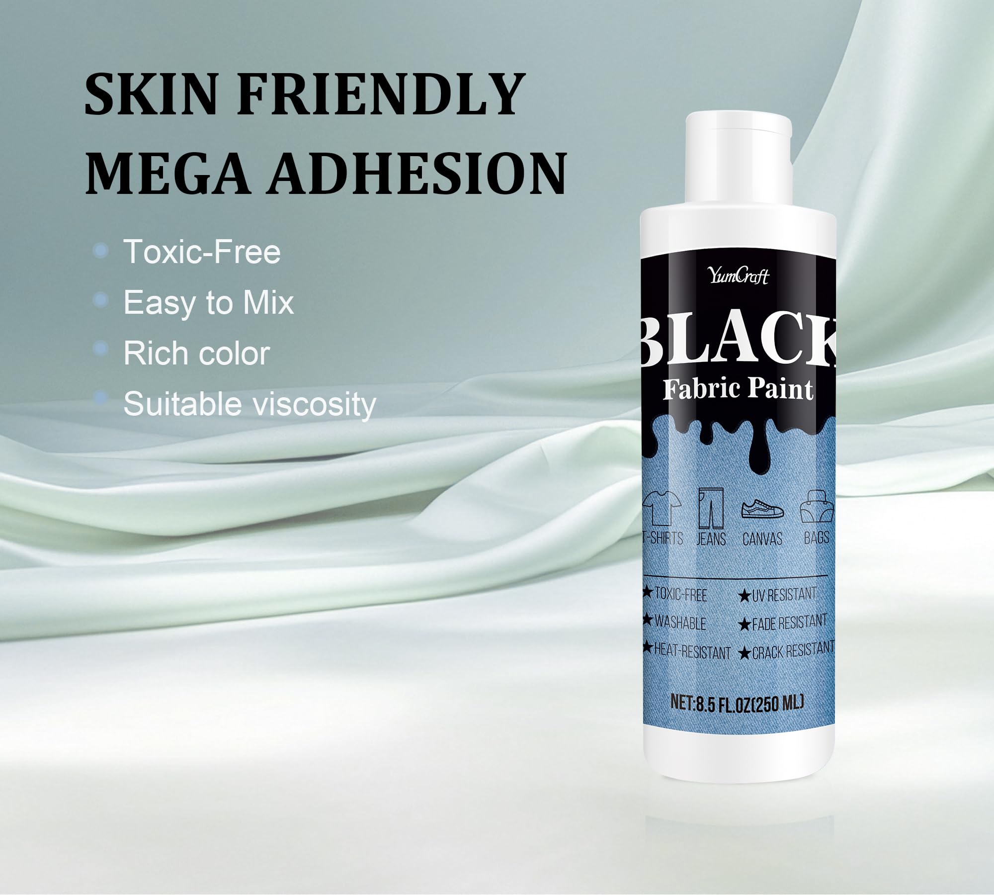 Fabric Paint Black, 8.5oz Fabric Paint for Clothes Permanent, Fabricoat Textile Paint Non-Toxic, Clothing Medium Dye Soft for Fabric Diy Crafts, T-Shirts, Shoes, Jeans, Canvas, Leather