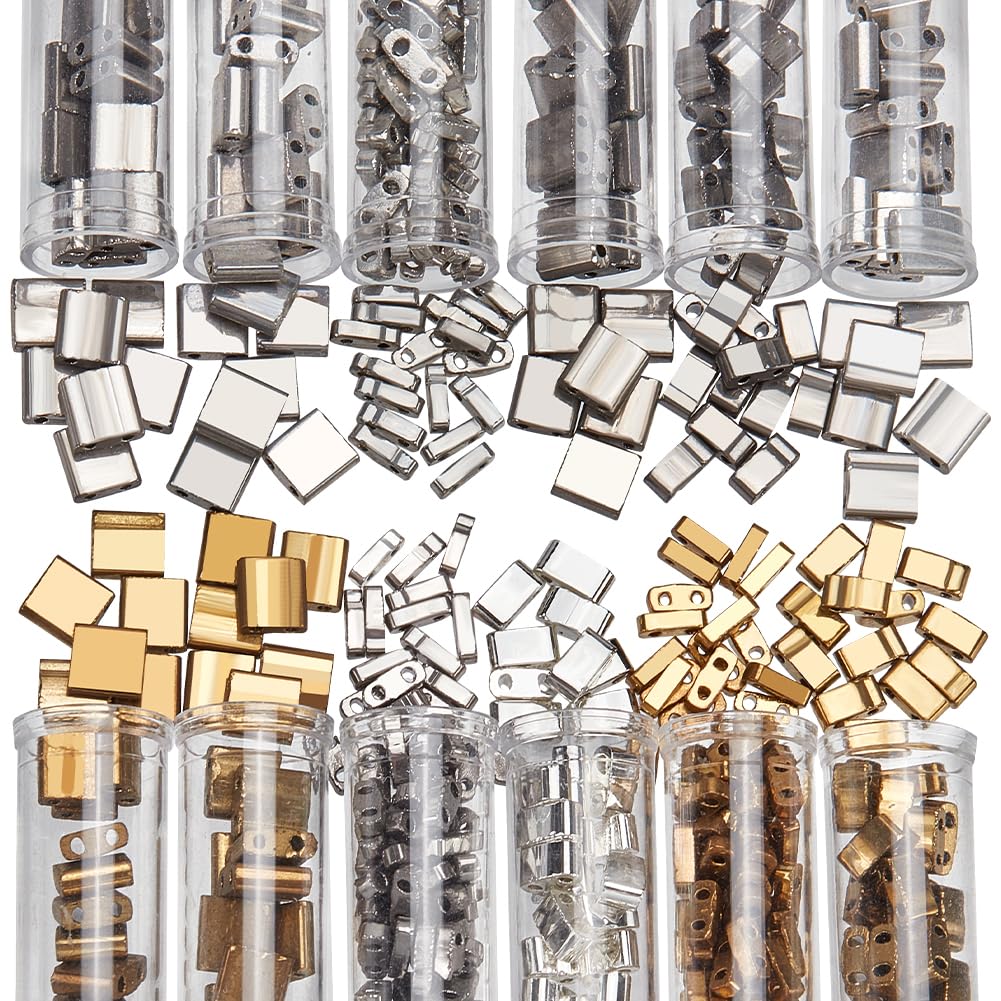 NBEADS 468 Pcs 3 Sizes Glass Seed Beads, 2-Hole 3 Colors 1/4 & Half Tila Beads 5x5mm/5x2mm/5×1mm for Jewelry Making