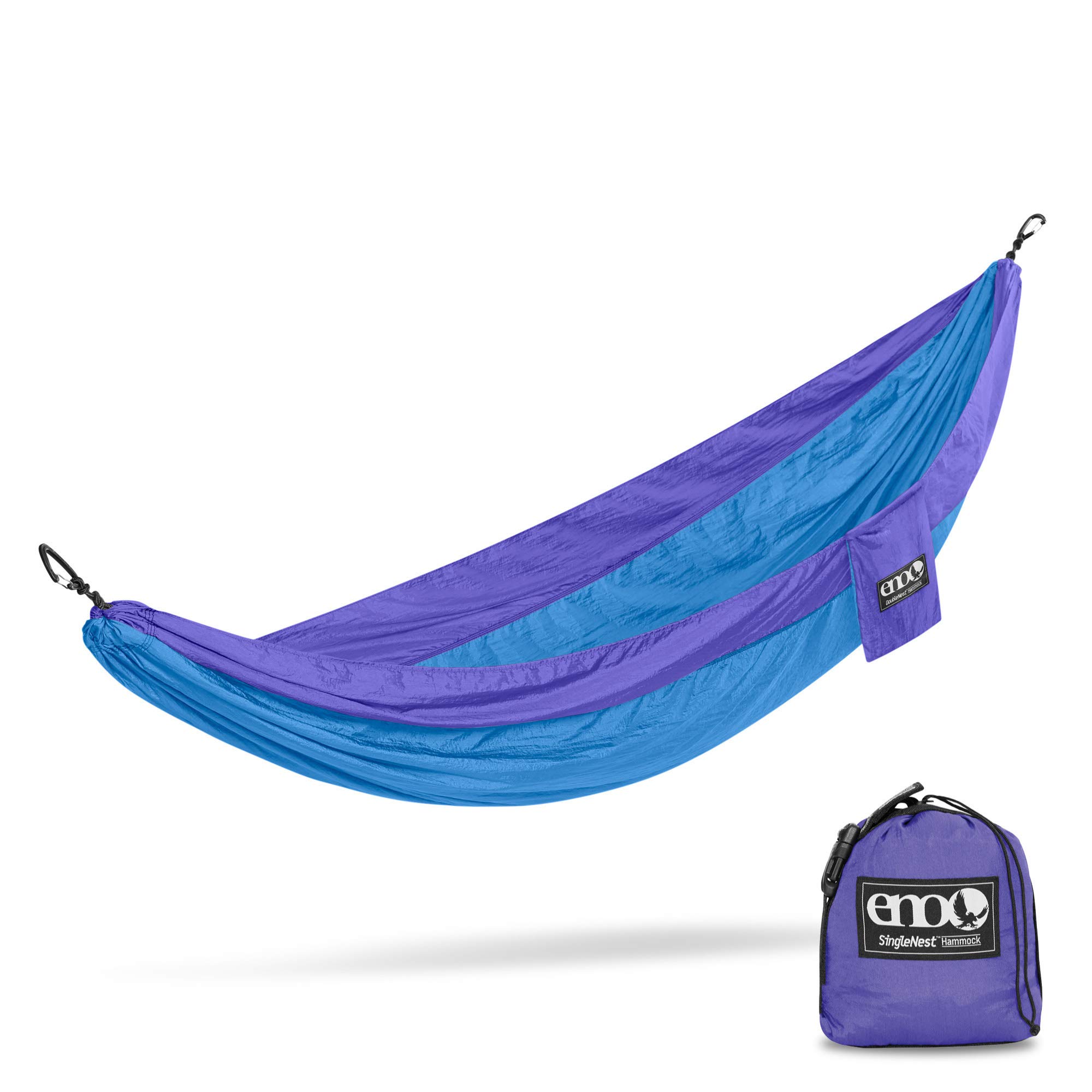 ENO Singlenest Hammock Purple Teal Soft Breathable Fabric 70 Denier High Tenacity Nylon Taffeta Heavy Duty Triple Stitched Fast Dry Compression Stuffsack Aluminium Wiregate Carabiners Weight 454 g