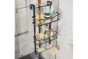 SWTYMIKI Shower Caddy Hanging Adjustable - 3 Tier No Drill Over the Door Hanging Shower Organizer Shelf with Hooks and Soap H