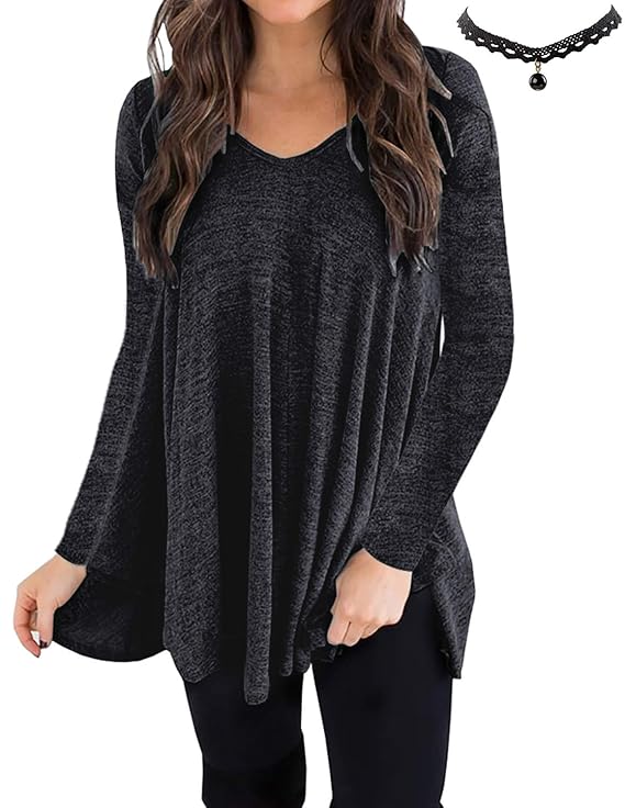 BUOYDM Damen Langarmshirt V-Ausschnitt Oversized Pullover Casual Tunika Tshirt Oberteile Tops