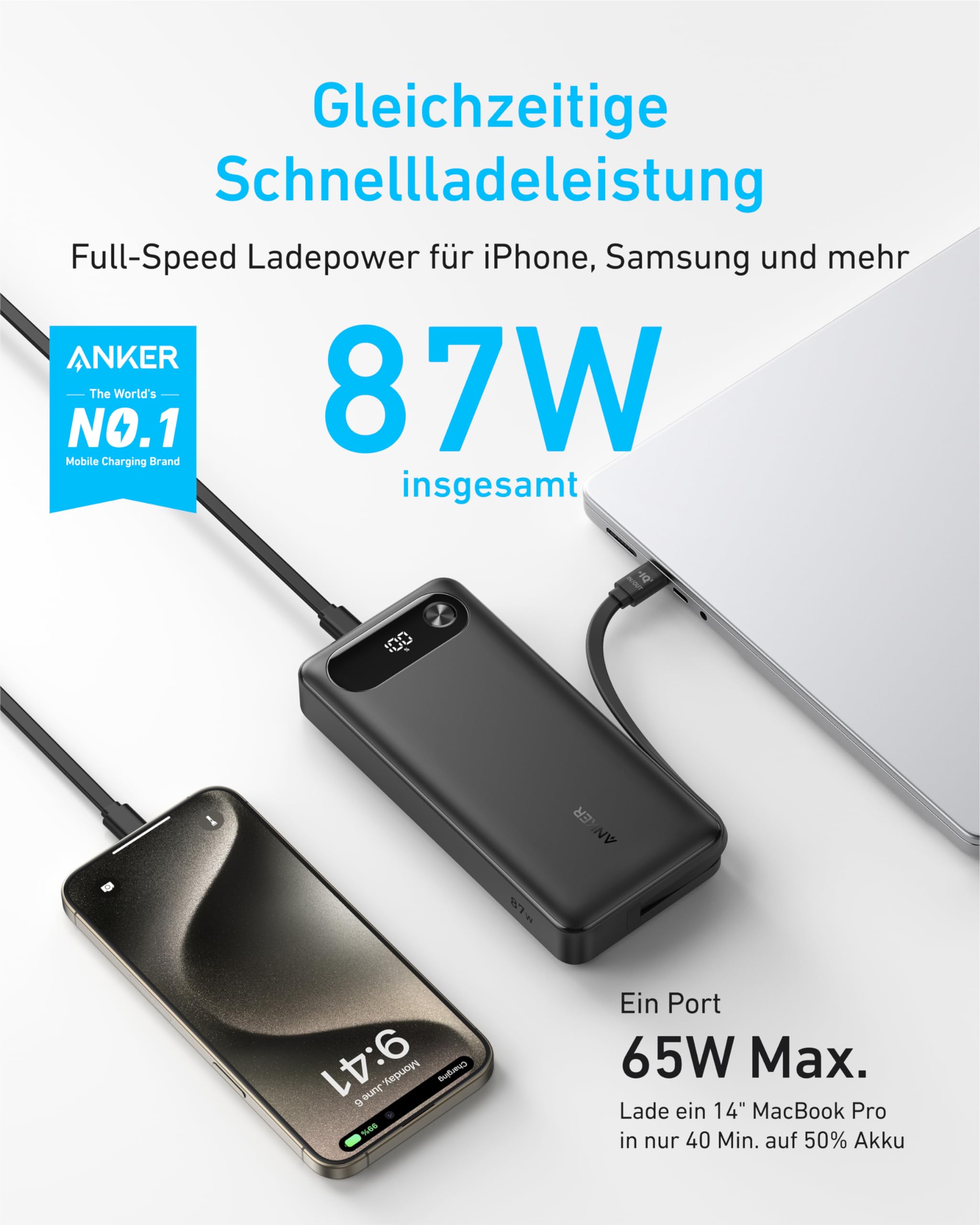 Anker Powerbank, 20000mAh 87W Max, integriertes USB-C Kabel 2