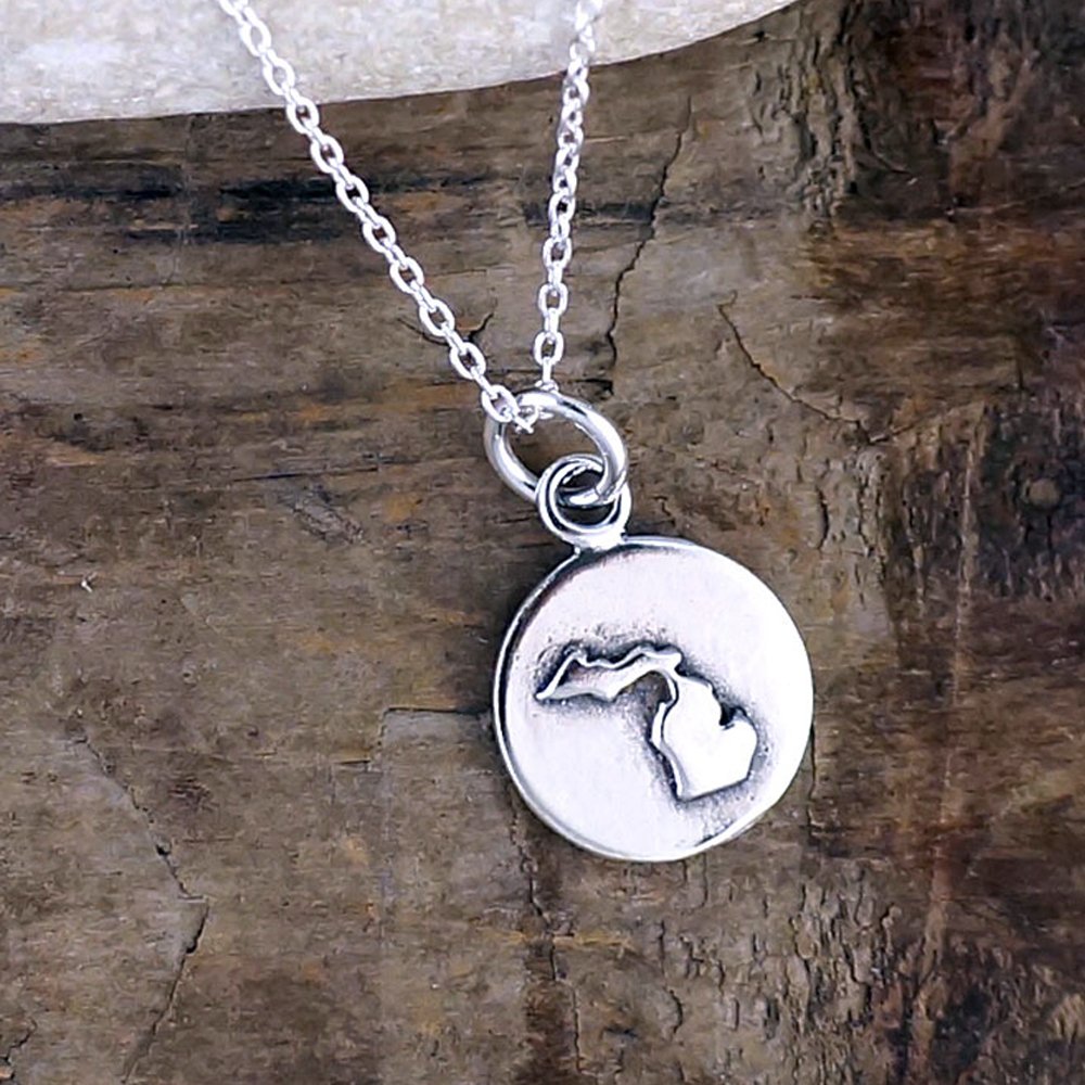 Michigan Necklace, Small Sterling Silver State Charm on 18