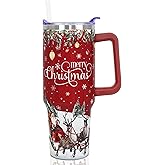 ZNYYZYBA 40 oz Merry Christmas Tumbler with Handle and Straw, Stainless Steel Insulated Santa Tumbler 40 oz, Reusable Xmas Cup with Leak Proof Lid, Christmas Gifts for Women