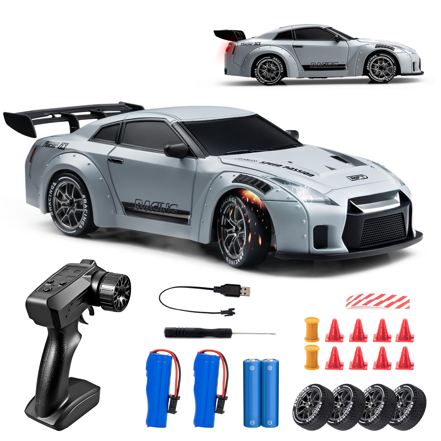Photo 1 of RC Drift Car, 1:24 Scale Remote Control Vehicle with LED Lights, 2.4GHz 20KM/H 4WD High Speed RC Cars, Drifting Tires?Two Batteries, Racing Sports Toy Idea Gift for Adults Boys Girls and Kids