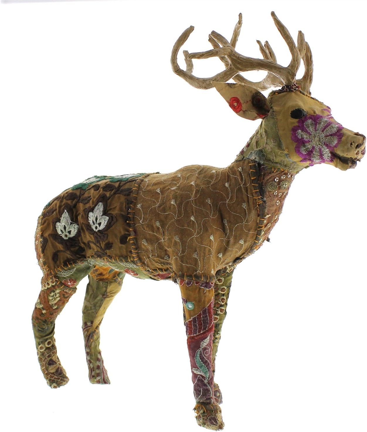 MY SWANKY HOME Vintage Patchwork Sari Standing Deer Figure 19" | Buck Stag Woodland Colorful