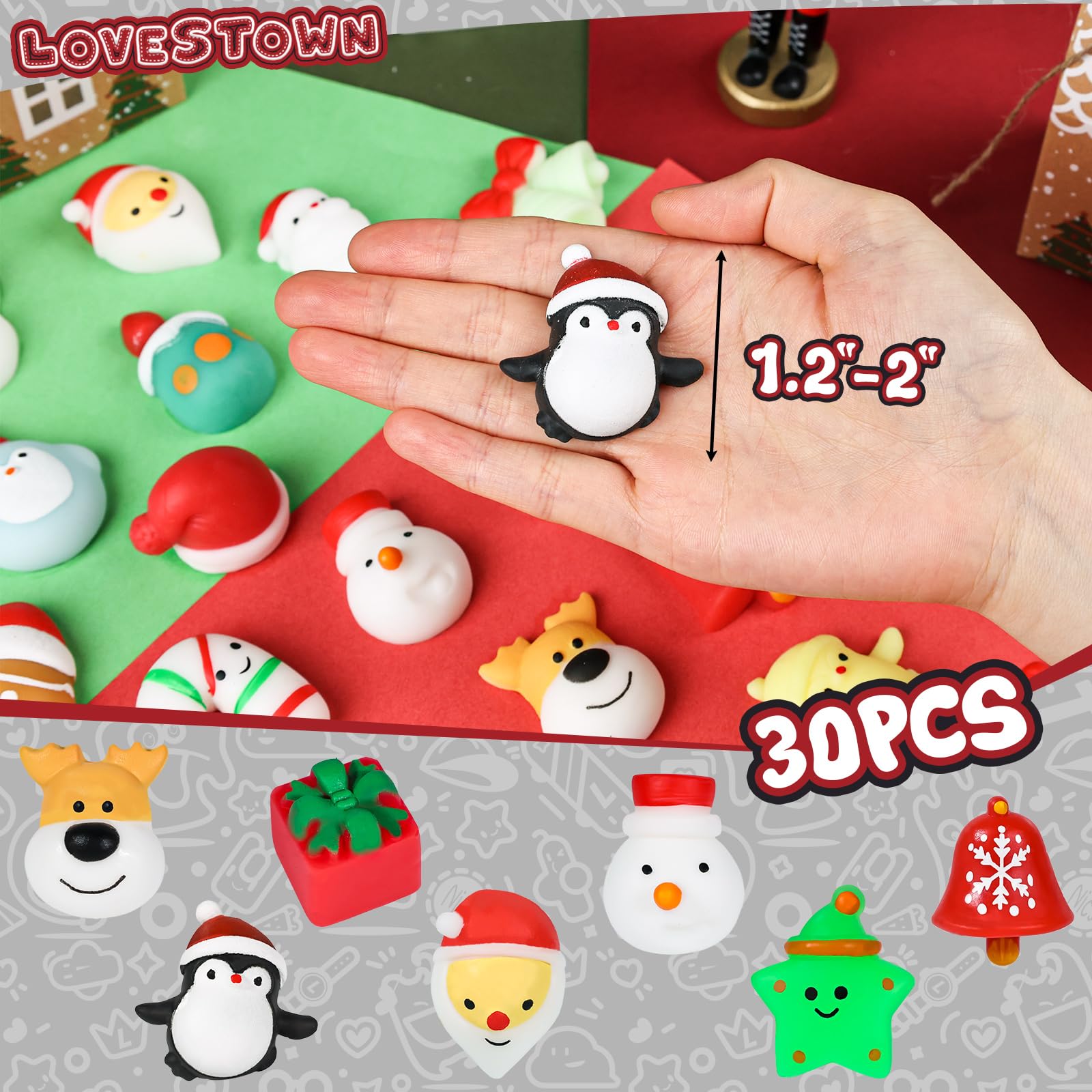 LovesTown 30PCS Stress Toys, Christmas Mochi Toys Mini Christmas Fidget Sensory Toys for School Classroom Rewards Carnivals 1.2 - 2 Inch