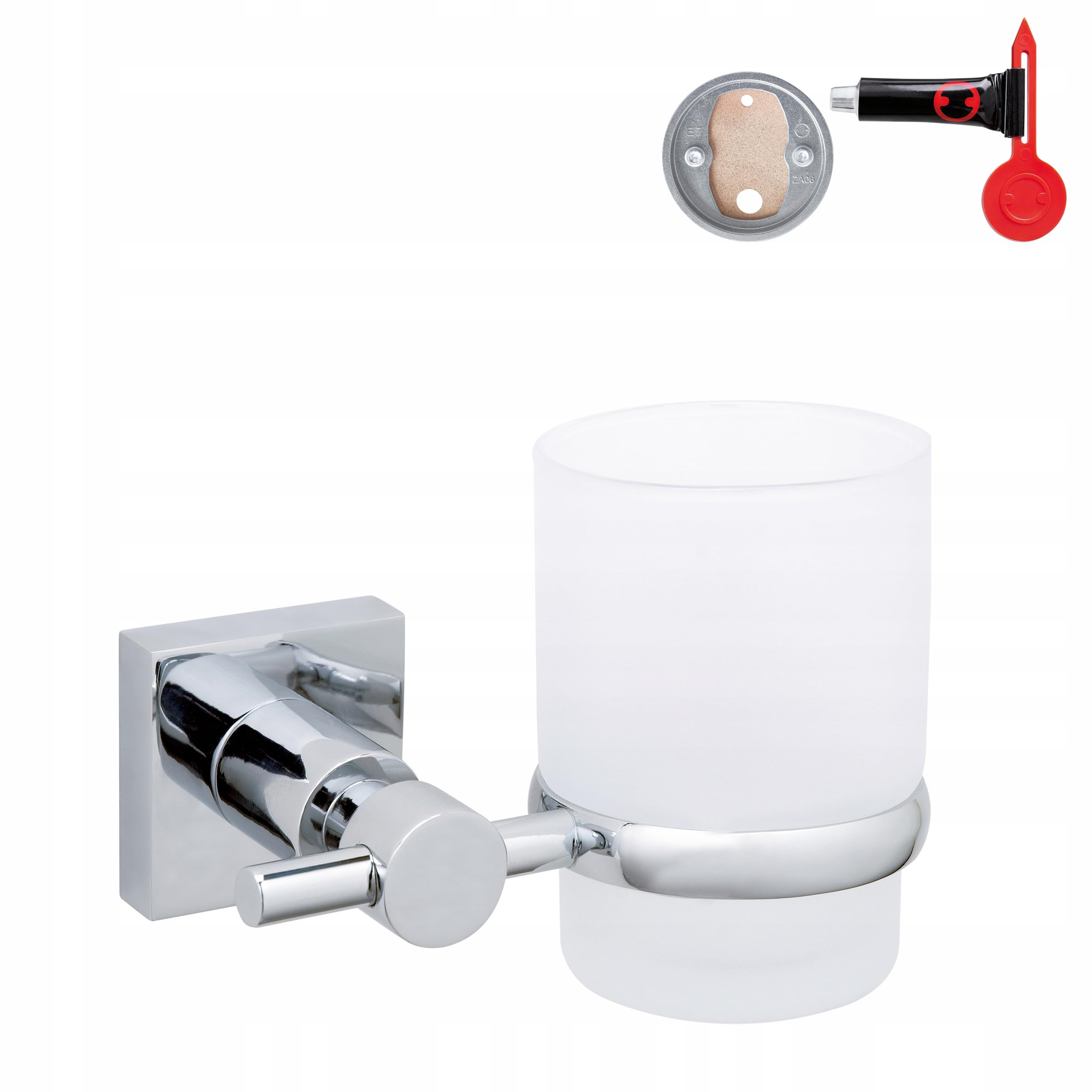 tesa Hukk tumbler holder, high gloss chromed metal, self-adhesive, adhesive mounting technology, 95mm x 125mm x 90mm