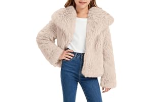 Girls Faux 𝐅𝐮𝐫 Coat Winter Fluffy Fuzzy Lapel Collar Jacket Teen Kids Fleece Warm Long Sleeve Cardigan with Pockets