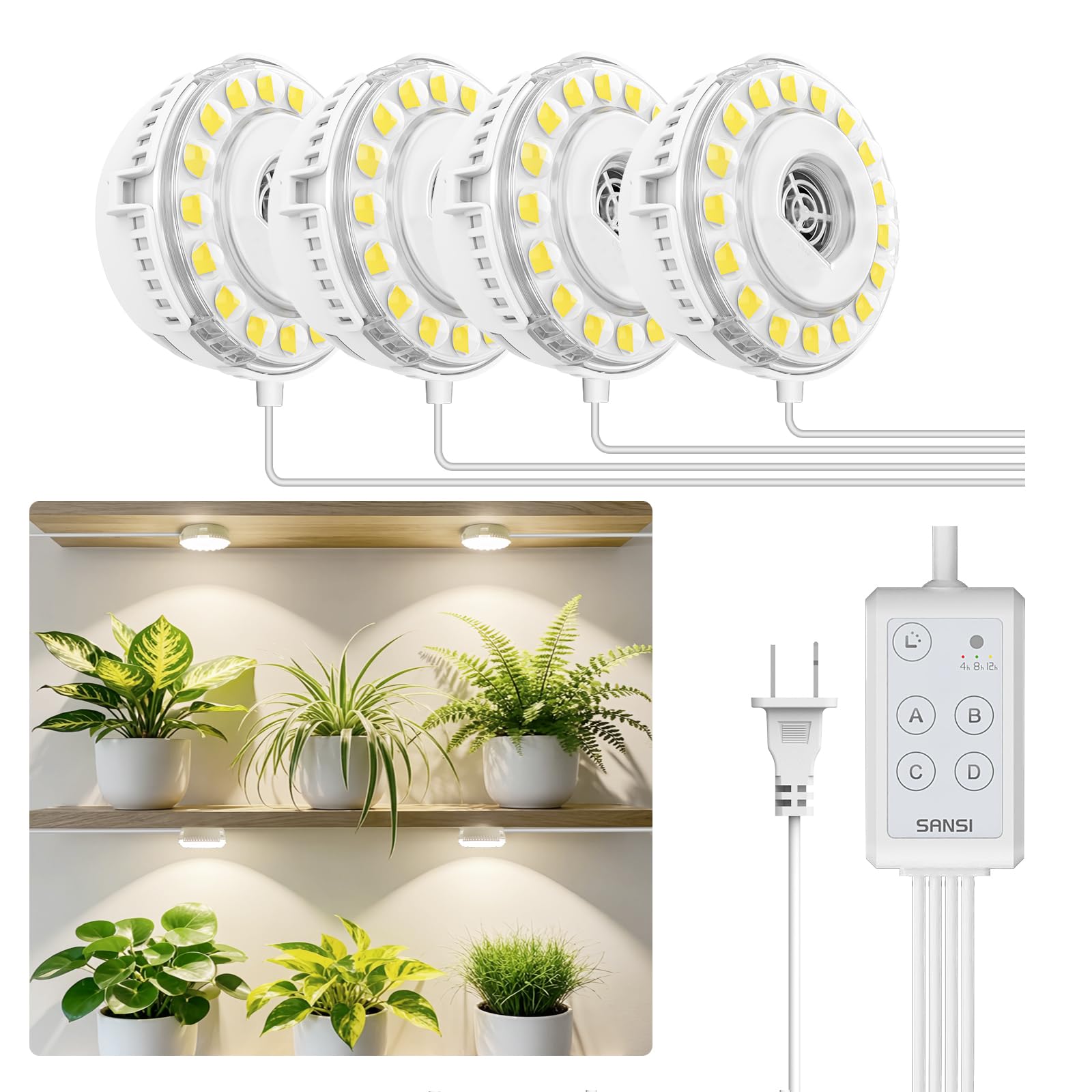 SANSI 20W(5W*4) Puck Grow Lights for Indoor Plants Full Spectrum, 4 Head Plant Lights for Indoor Growing, LED Plant Lamp for Growth with Timer, Auto On Off 4 8 12 Hrs Greenhouse,No Dimmable Image