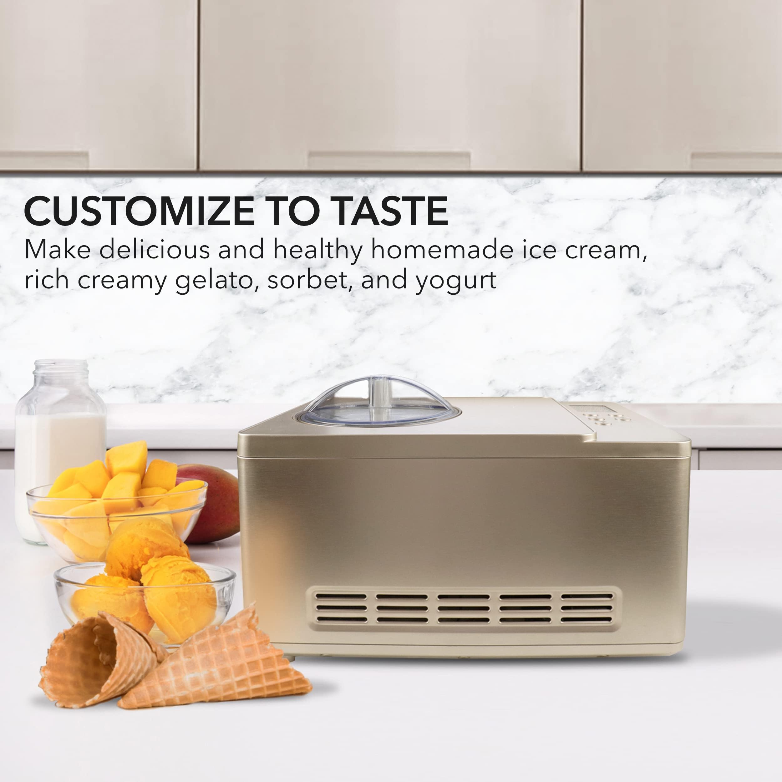 Whynter Ice Cream Maker Machine & Yogurt Automatic 2 Qt. with Built-in Compressor, LCD Digital Display & Timer, No Pre-Freezing, ICM-220CGY, Champagne Gold