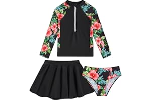 VIEILLE Girls Swimsuit 3-Piece Zipper Rash Guard UPF 50+ Long Sleeve Skirt Set Bathing Suit Size 6-12 Years