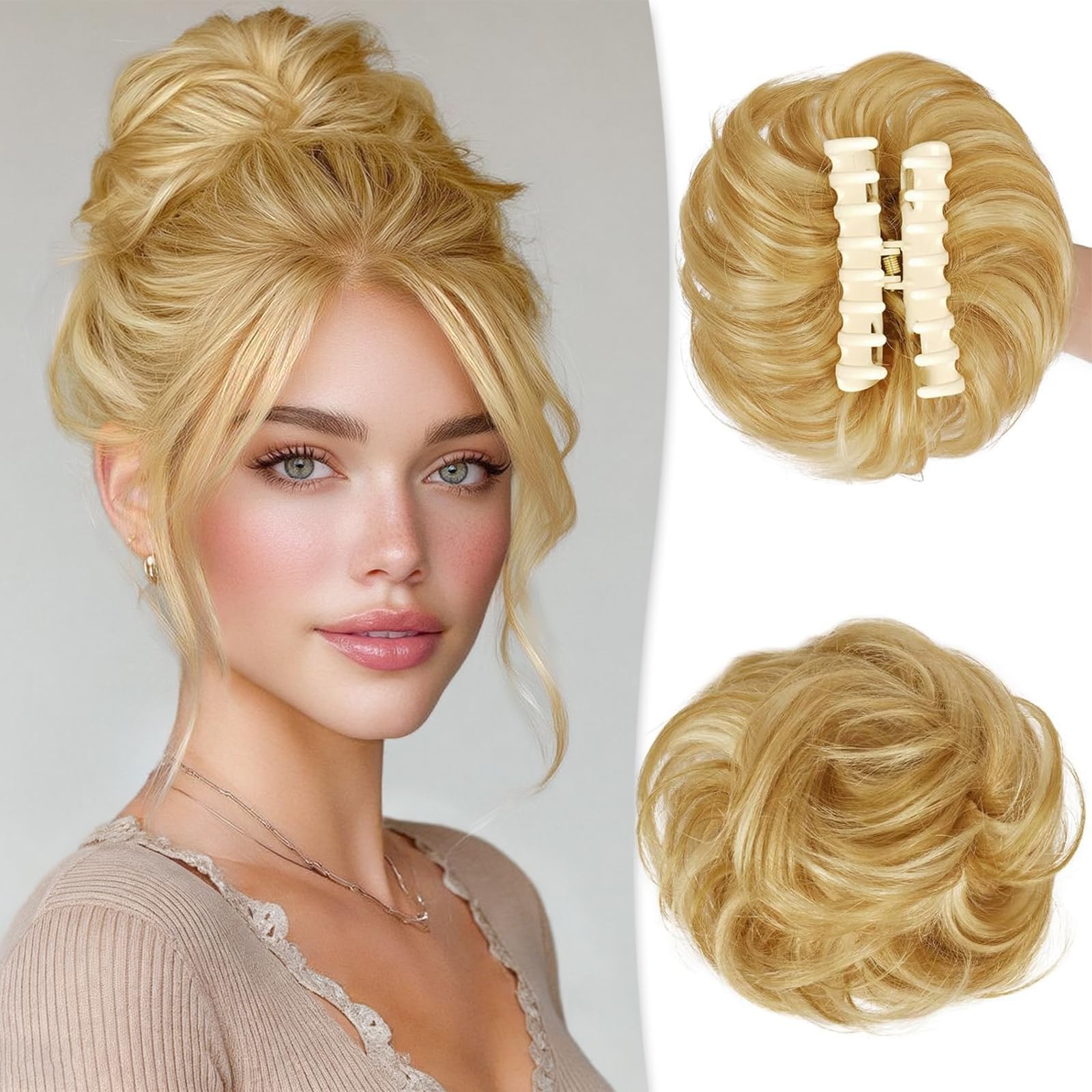 RUWISS Claw Clip in Messy Bun Hair Piece 100% Human Hair Buns Wavy Curly Chignon Hair Bun Extension Real Human Hair Scrunchie with Clip for Women (Light Golden Blonde with Bleach Blonde Highlights)