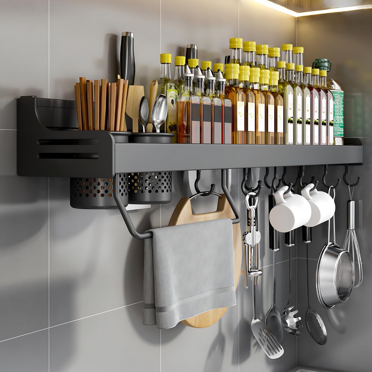 Hovoto Wall Mounted Spice Rack, Hanging Storage Shelves, Kitchen Wall Shelf, Utensil Rack Organiser for Spice Jars and Seasoning Bottles, Black, 60cm