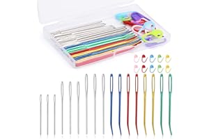 KOGYXE 17 Pcs Steel Sewing Needles Kit, Stainless Steel Sewing Needles with Mix Color Stitch Markers, Weaving Needle Bent Tip Tapestry Needles Darning Knitting Sewing Needles for Knitting Crochet