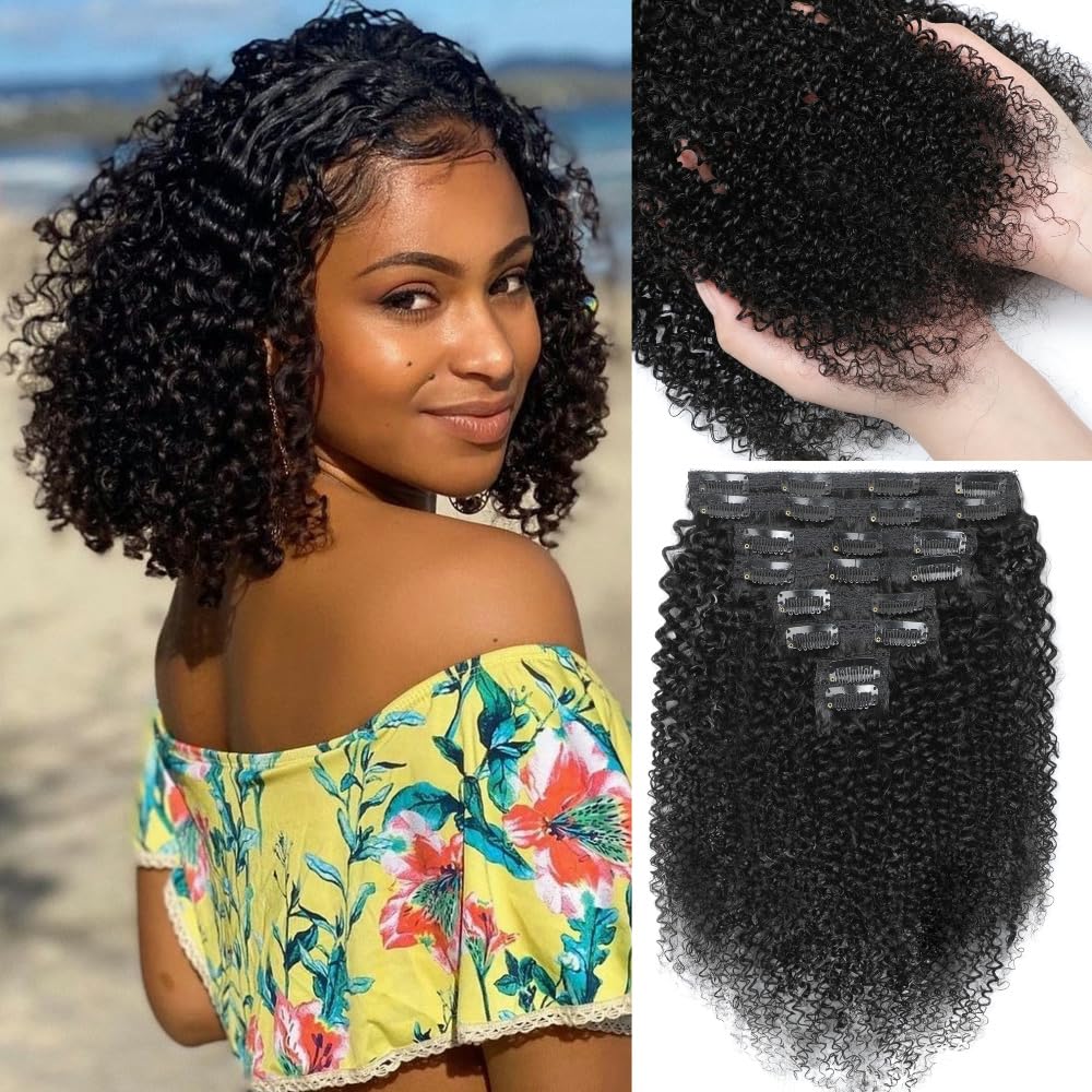 YDDM Kinky Curly Clip ins Human Hair Clip in Hair Extensions for Black Woman Full Head Brazilian Virgin Human Hair Natural Black Double Weft Clip ins 12 Inch 120g 8pcs 20Clips