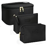 MAANGE Makeup Bag - Large Cosmetic Bag with 2pcs Small Makeup Bags Portable Leather Travel Makeup Bag Set Toiletry Bag Make Up Bags for Women and Girls (Black)