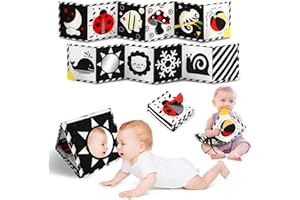 BAOBRAVA Tummy Time Toys, High Contrast Baby Book with Mirror & Teether, Black and White Infant Books, 0-6-12 Months Soft Book for Newborn, Sensory Books, Tummy Time Car Seat Toys 0-6 Month Boy Girl Gift