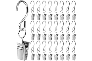 BOWNDY 25pcs Curtain Clips with S Hooks for Hanging Party String Lights Outdoor Wire Holders Clamp Hangers Gutter Hooks, Stainless Steel Silver