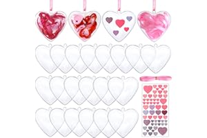 AWEYKA 24 Pack Clear Plastic Fillable Heart Ornaments Balls, 65mm Acrylic Hanging Balls DIY Craft Ornaments with 1 Roll Pink Ribbon and Sticker for Valentine's Day, Bath Bomb, Wedding Party Home Decor