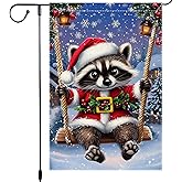 Christmas Raccoon Garden Flag 12x18 Double-Sided Burlap with Santa Hat and Snowy Winter Scene Perfect for Holiday Decorations