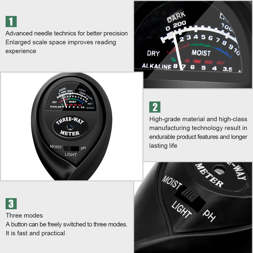 Sonkir Soil Tester, MS03 3-in-1 Plant Moisture Sensor Meter/Light/pH Tester for Home, Garden, Lawn, Farm, Indoor & Outdoor Use, Promote Plants Healthy Growth (Black)