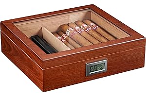 Flauno Cigar Humidor with Digital Hygrometer, Holds up to 40 Cigars, Cedar Wood Lining, Humidifier, Divider
