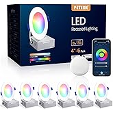 Peteme Smart LED Recessed Lighting 4 Inch, IC Rated ETL Certified Ultra-Thin Canless Recessed Ceiling Light with J-Box, RGBCW Color Changing Slim Downlight for Soffit, Work with Alexa, 10W 800LM 6Pcs