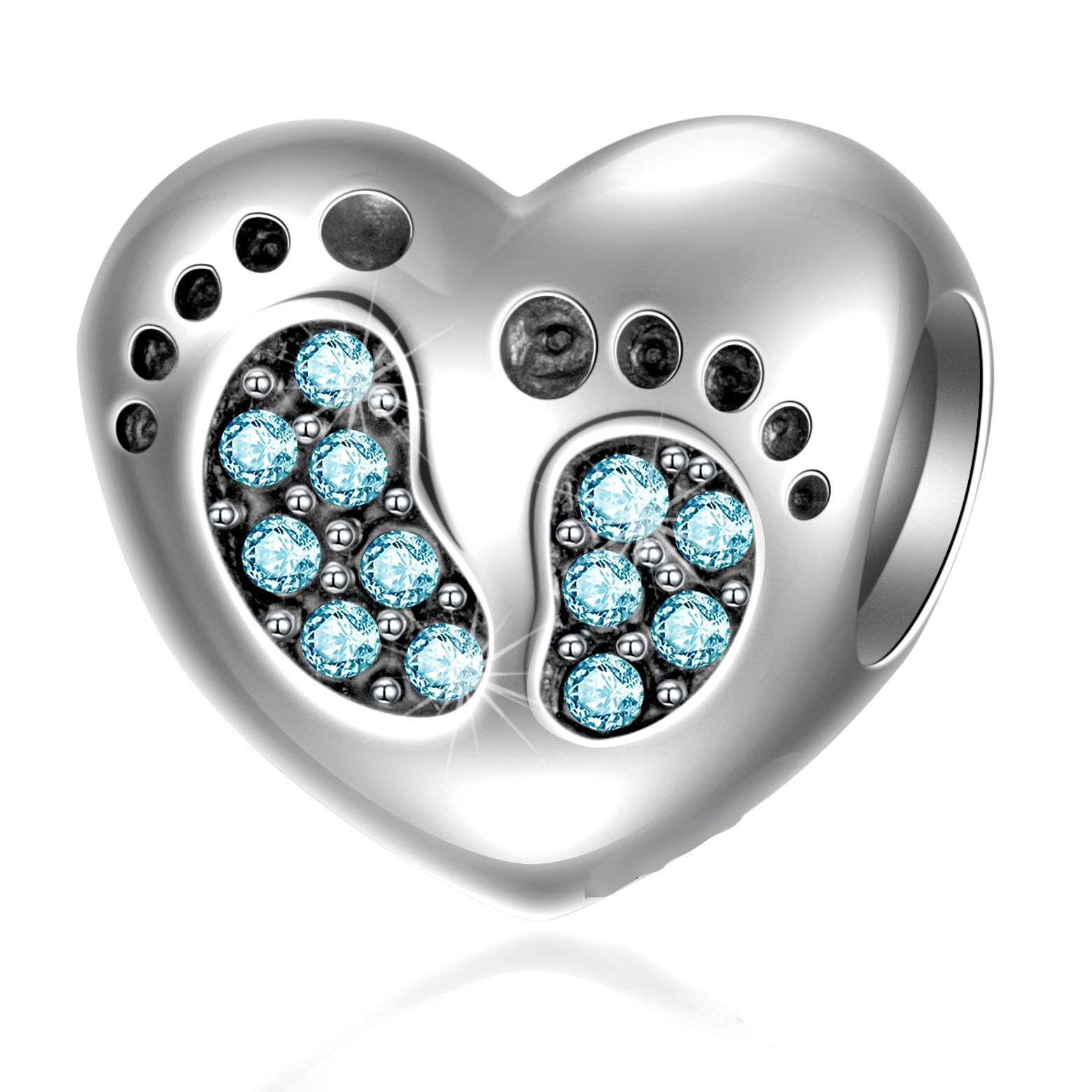 Baby Footprint Heart Charms - 925 Sterling Silver March Birthstone Crystals - Boy/Girl First Step Feet Beads, Fit Pandora Bracelet, Gift for Christmas/Godmother/Grandma — image 1