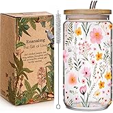 Floral 16oz Iced Glass Cups with Bamboo Lids and Straws Wildflower Coffee Cup Gift for Women Cute Flower Drinking Glass with Cleaning Brushes, Flower Gifts for Mother Birthday Bridesmaid Party
