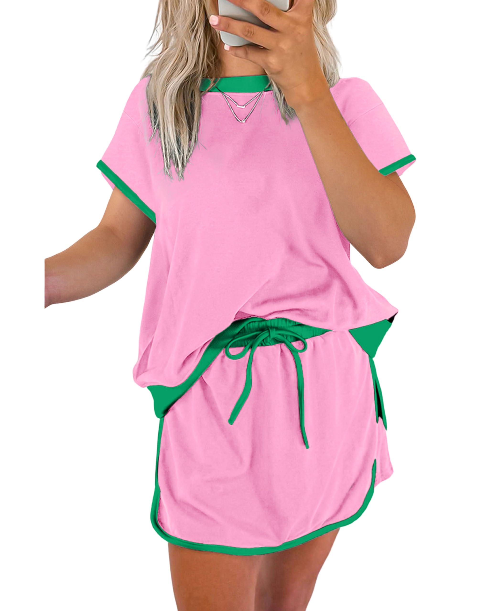 Photo 1 of SELINK Lounge Sets for Women 2 Piece Skirt Colorblock Drop Shoulder T Shirt and Skort Set Summer Tracksuits Pink-M