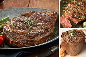 CHICAGO STEAK COMPANY DELIVERING THE WORLDS FINEST BEEF Chicago Steak Company - Premium Angus Beef Gift Set - Classic American Griller Steak Set Includes 2 (10oz) Angus Beef Ribeyes, 2 (10oz) Beef Strips, 2 (6oz) Top Sirloins, 4 (1/2lb) Steak Burgers & Gourmet Steak Seasoning