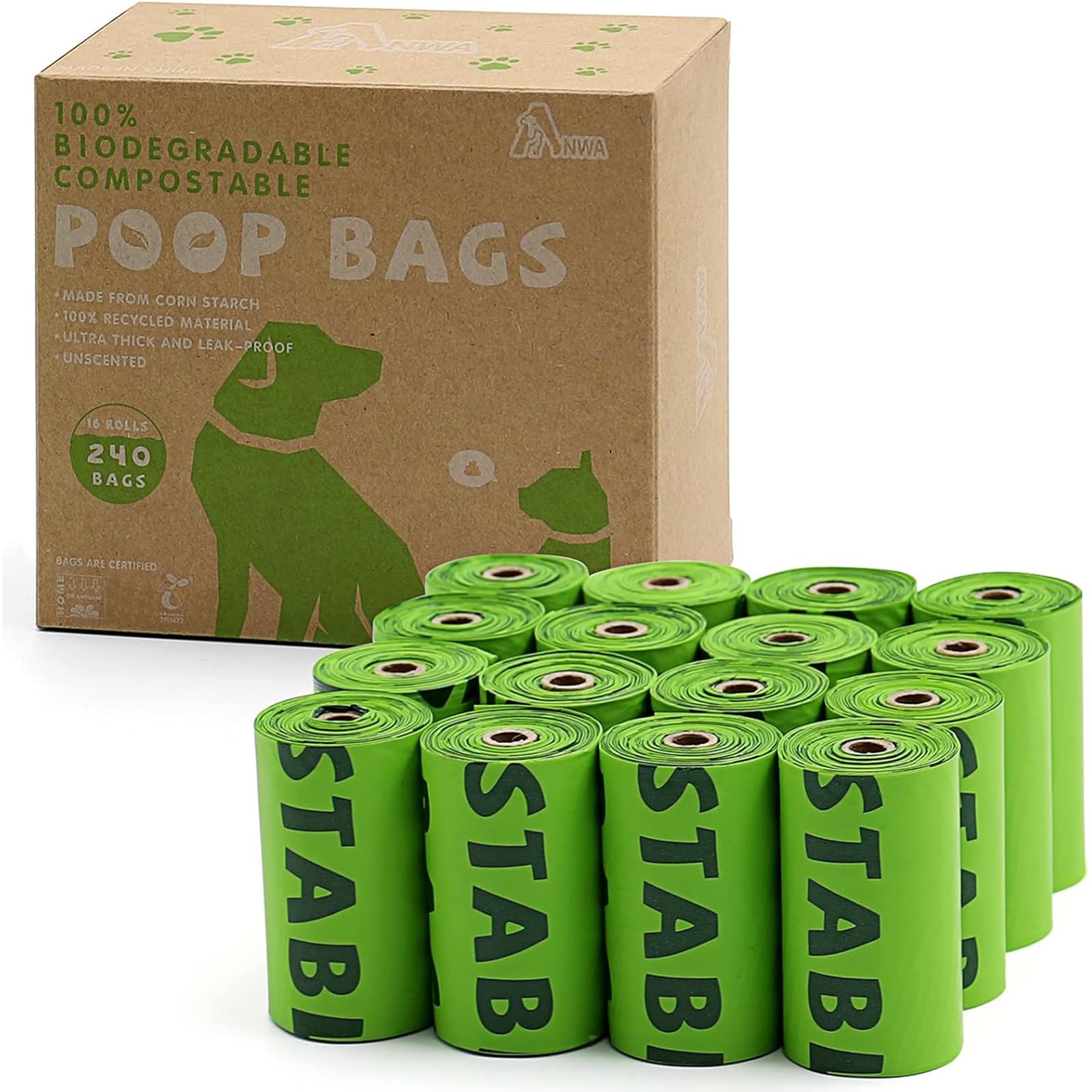 ANWA 100% Compostable Biodegradable Dog Poop Bags, Extra Thick Leak Proof, EN13432 Certified, 240 Count, 16 Rolls
